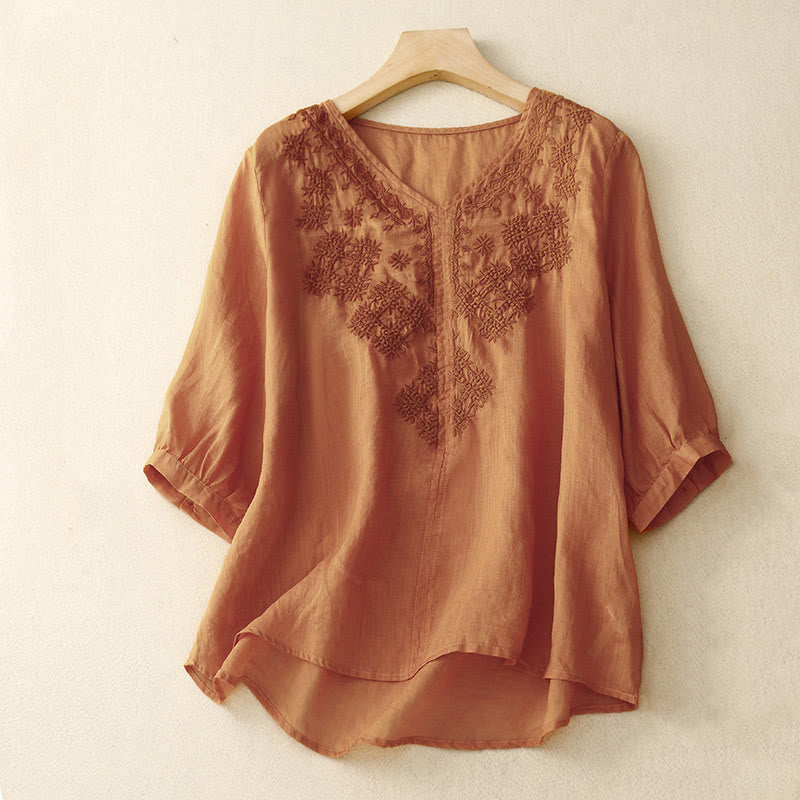 Buddha Stones V-Ausschnitt Linien Stickerei Damen Baumwolle Leinen Halbarm Shirt