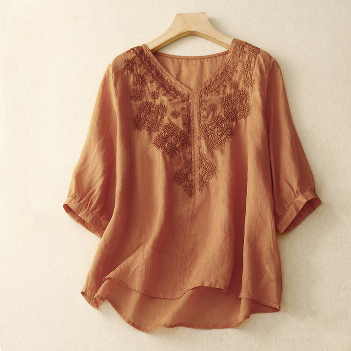 Buddha Stones V-Ausschnitt Linien Stickerei Damen Baumwolle Leinen Halbarm Shirt