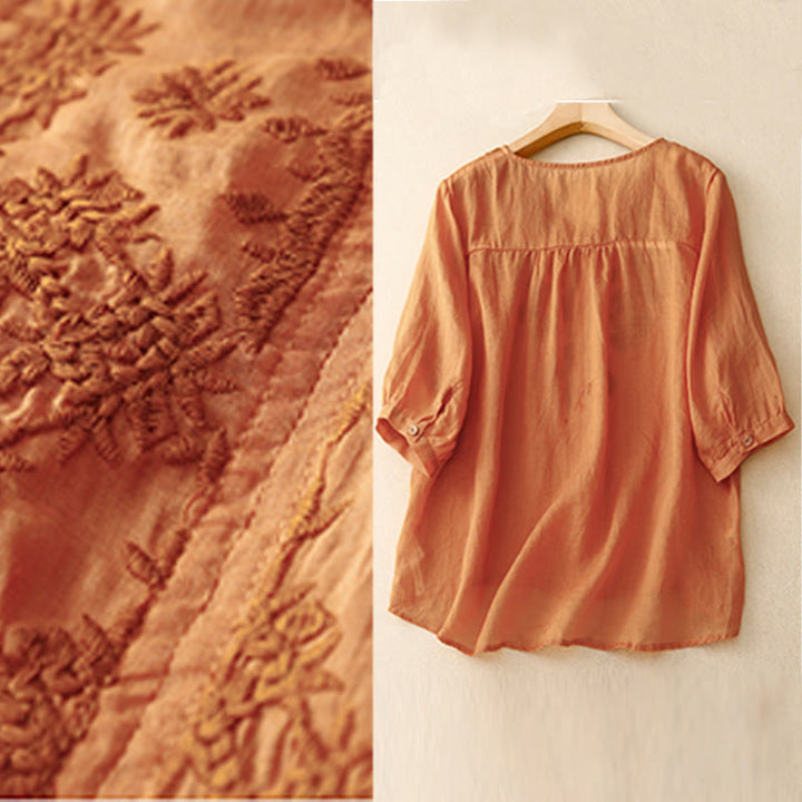 Buddha Stones V-Ausschnitt Linien Stickerei Damen Baumwolle Leinen Halbarm Shirt