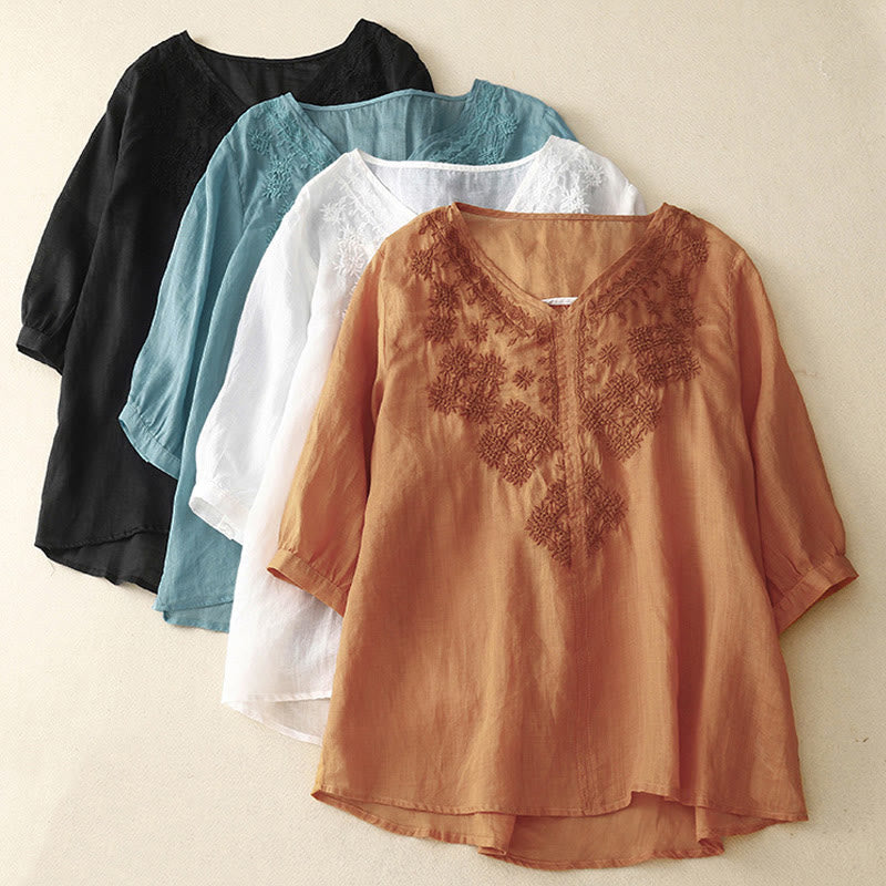 Buddha Stones V-Ausschnitt Linien Stickerei Damen Baumwolle Leinen Halbarm Shirt