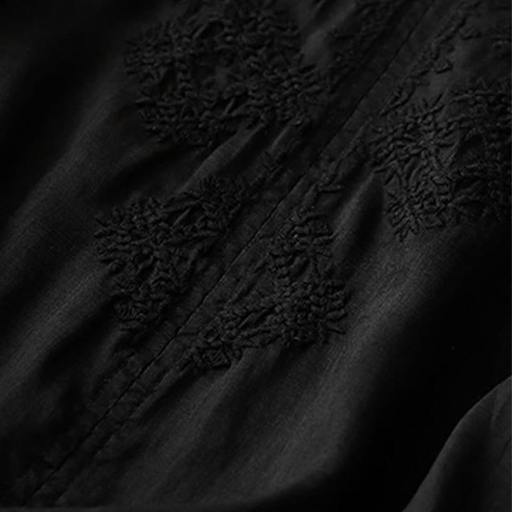 Buddha Stones V-Ausschnitt Linien Stickerei Damen Baumwolle Leinen Halbarm Shirt