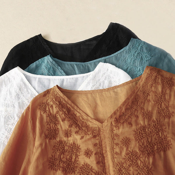 Buddha Stones V-Ausschnitt Linien Stickerei Damen Baumwolle Leinen Halbarm Shirt