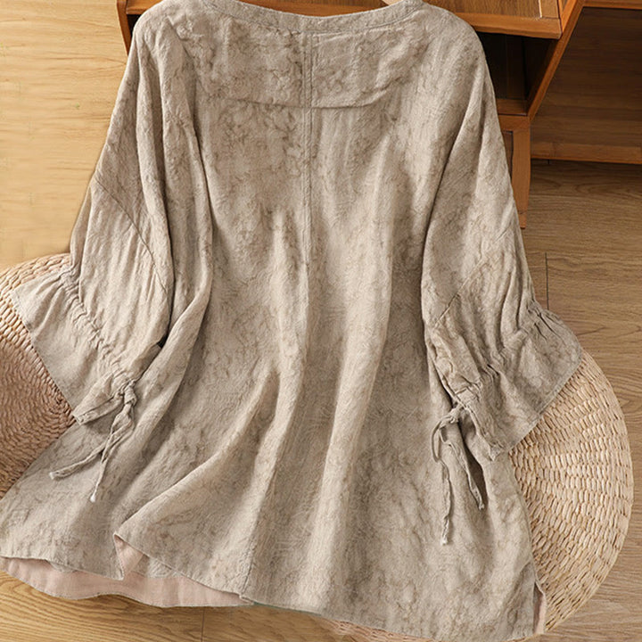 Buddha Stones Lässiges Retro-Midikleid aus Baumwolle und Polyester mit einfarbigem Rundhalsausschnitt und Kordelzug, halbe Ärmel