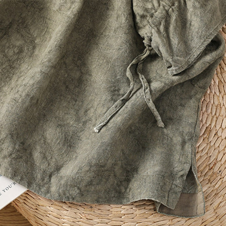 Buddha Stones Lässiges Retro-Midikleid aus Baumwolle und Polyester mit einfarbigem Rundhalsausschnitt und Kordelzug, halbe Ärmel