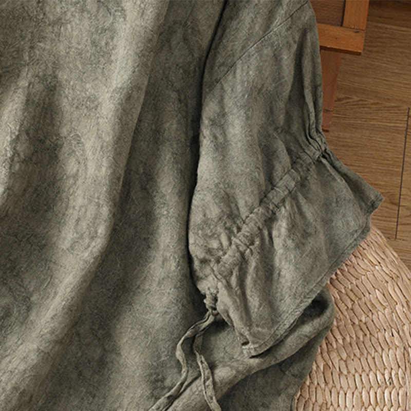 Buddha Stones Lässiges Retro-Midikleid aus Baumwolle und Polyester mit einfarbigem Rundhalsausschnitt und Kordelzug, halbe Ärmel