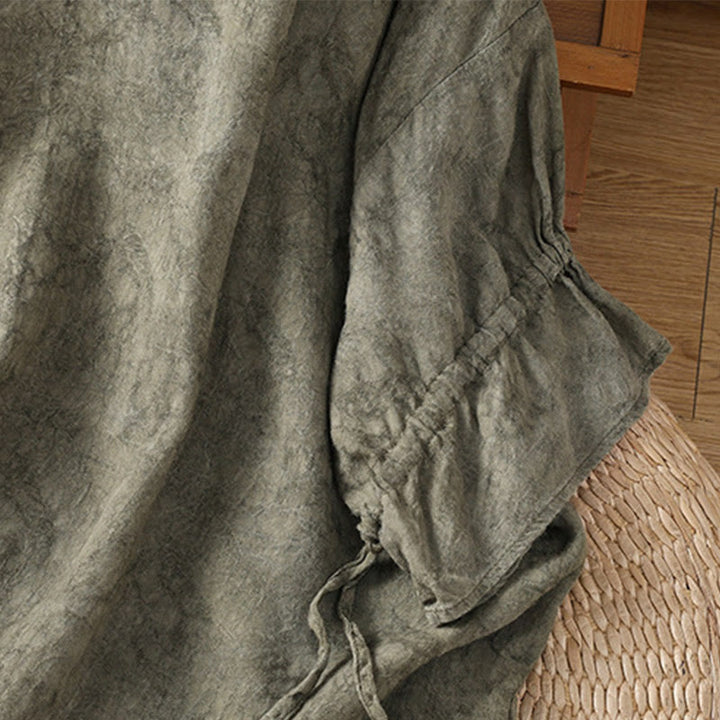 Buddha Stones Lässiges Retro-Midikleid aus Baumwolle und Polyester mit einfarbigem Rundhalsausschnitt und Kordelzug, halbe Ärmel