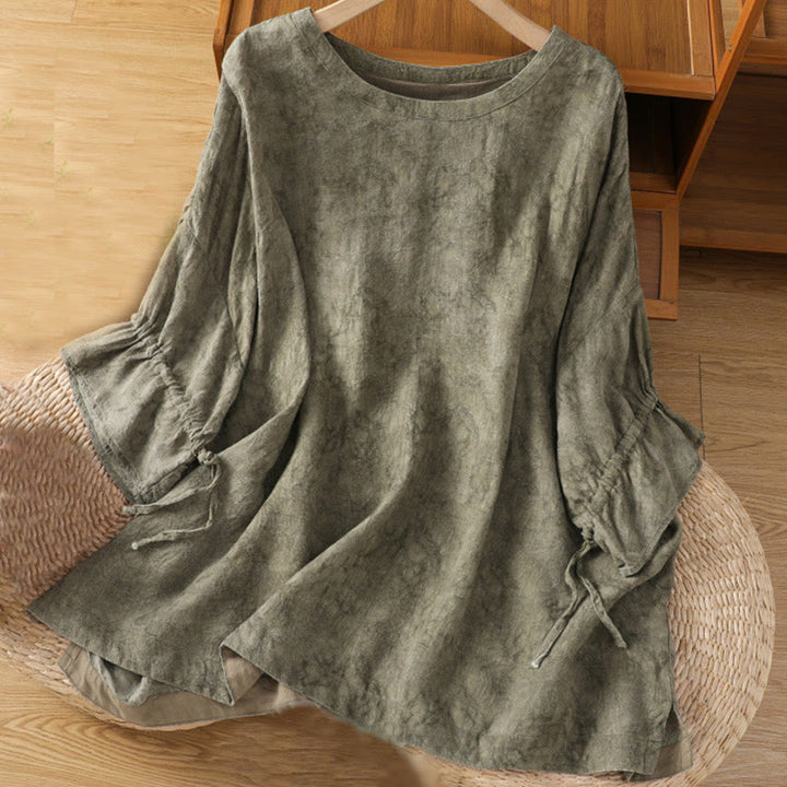 Buddha Stones Lässiges Retro-Midikleid aus Baumwolle und Polyester mit einfarbigem Rundhalsausschnitt und Kordelzug, halbe Ärmel