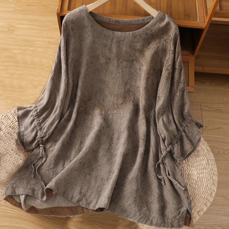 Buddha Stones Lässiges Retro-Midikleid aus Baumwolle und Polyester mit einfarbigem Rundhalsausschnitt und Kordelzug, halbe Ärmel