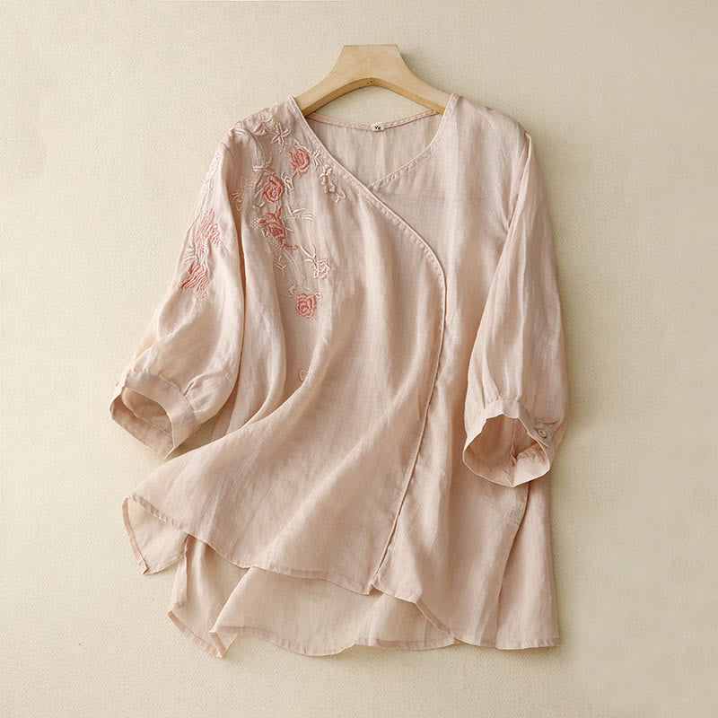 Buddha Stones Rose Vine Stickerei Design Damen Baumwolle Leinen Dreiviertel Ärmel Shirt - LavenderBlush - US12， UK/AU16，EU44 (2XL) - image 0