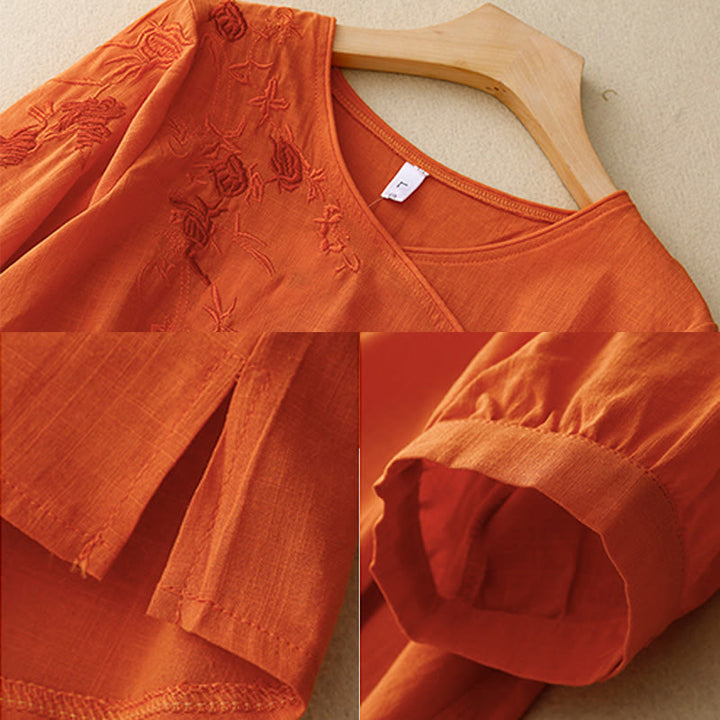 Buddha Stones Rose Vine Stickerei Design Damen Baumwolle Leinen Dreiviertel Ärmel Shirt - image 10