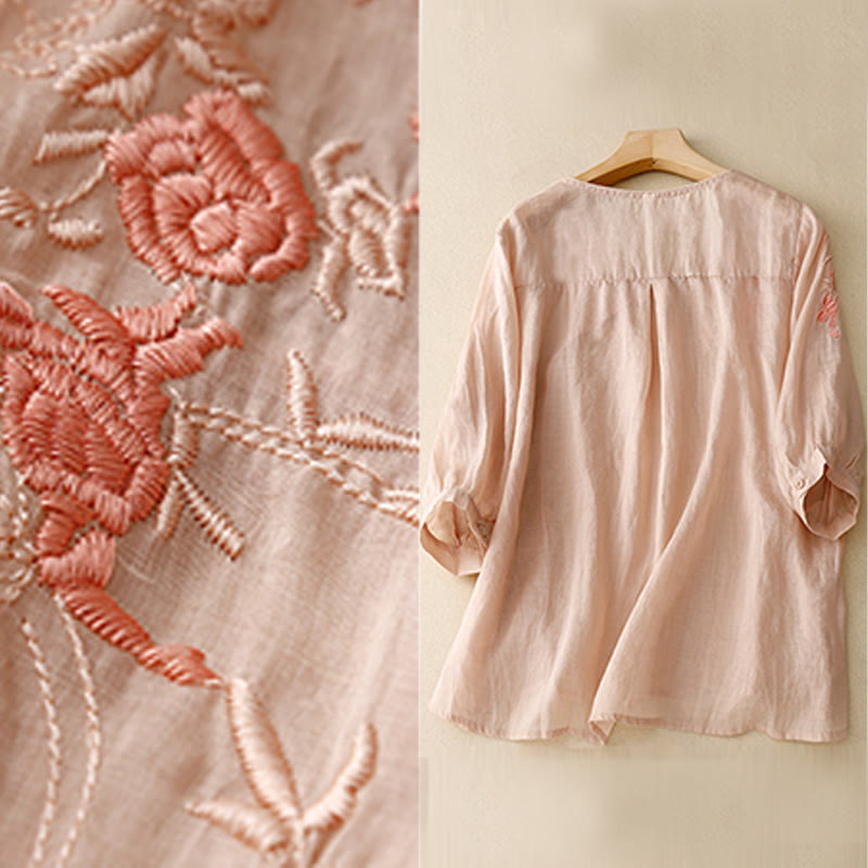 Buddha Stones Rose Vine Stickerei Design Damen Baumwolle Leinen Dreiviertel Ärmel Shirt - image 6