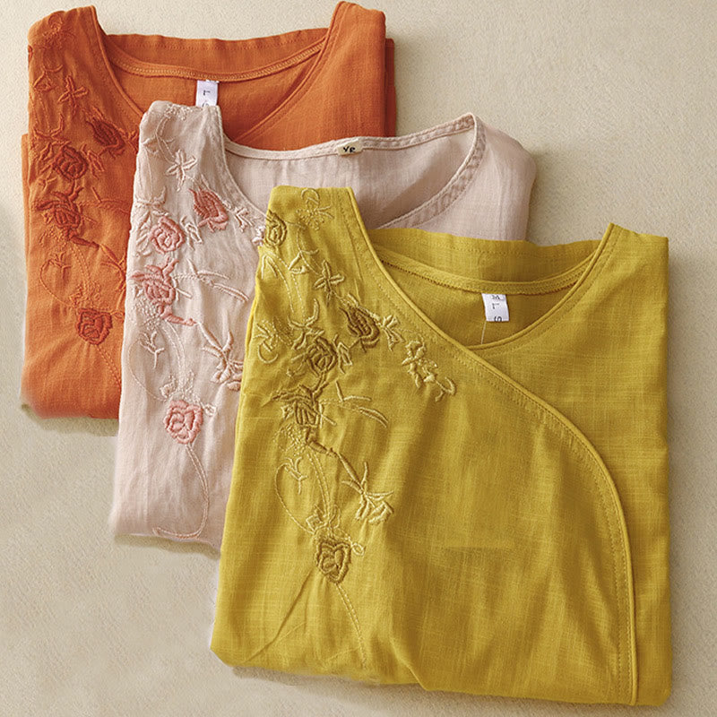 Buddha Stones Rose Vine Stickerei Design Damen Baumwolle Leinen Dreiviertel Ärmel Shirt - image 12