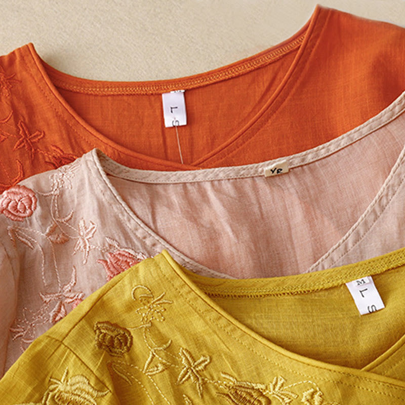 Buddha Stones Rose Vine Stickerei Design Damen Baumwolle Leinen Dreiviertel Ärmel Shirt - image 16