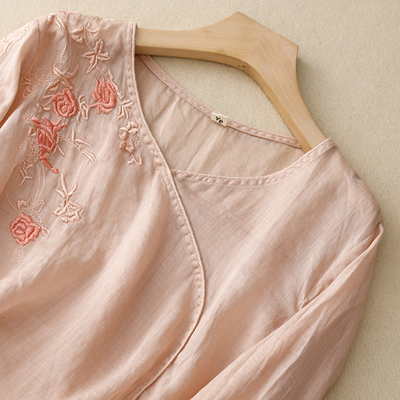 Buddha Stones Rose Vine Stickerei Design Damen Baumwolle Leinen Dreiviertel Ärmel Shirt - image 1