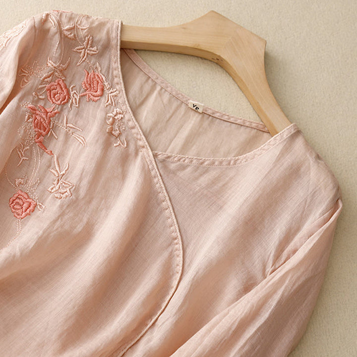 Buddha Stones Rose Vine Stickerei Design Damen Baumwolle Leinen Dreiviertel Ärmel Shirt - image 1