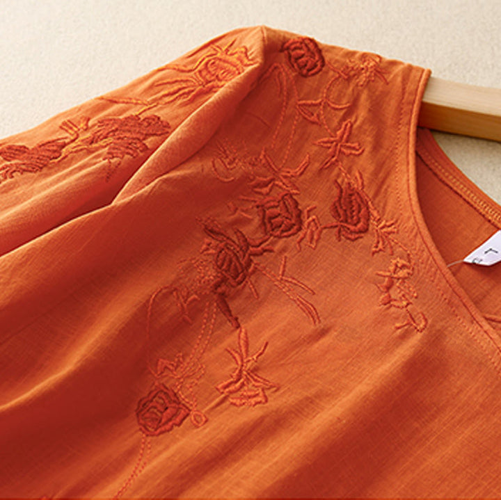 Buddha Stones Rose Vine Stickerei Design Damen Baumwolle Leinen Dreiviertel Ärmel Shirt - image 8