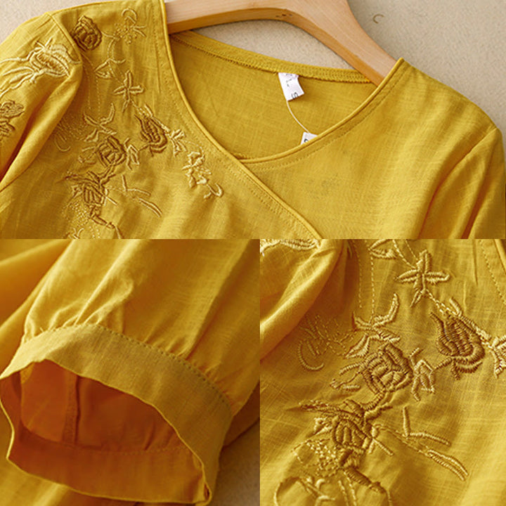 Buddha Stones Rose Vine Stickerei Design Damen Baumwolle Leinen Dreiviertel Ärmel Shirt - image 13