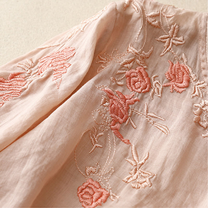 Buddha Stones Rose Vine Stickerei Design Damen Baumwolle Leinen Dreiviertel Ärmel Shirt - image 3