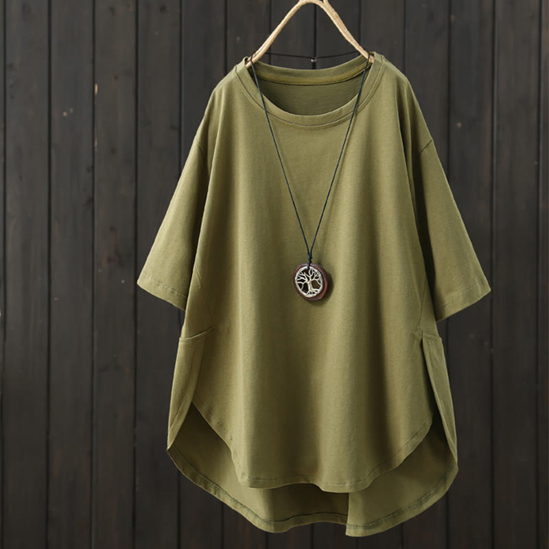 Buddha Stones Lässiges, lockeres Sommer-T-Shirt aus schlichter Baumwolle mit Rundhalsausschnitt für Damen - Olive - US14， UK/AU18，EU46 (2XL) - image 0