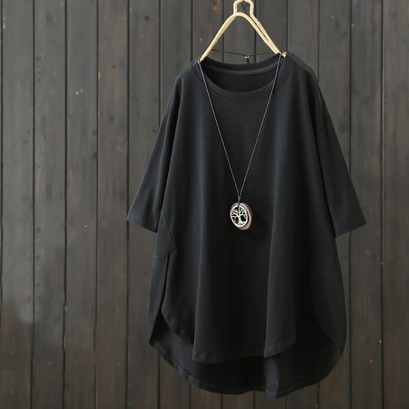 Buddha Stones Lässiges, lockeres Sommer-T-Shirt aus schlichter Baumwolle mit Rundhalsausschnitt für Damen - Schwarz - US14， UK/AU18，EU46 (2XL) - image 13