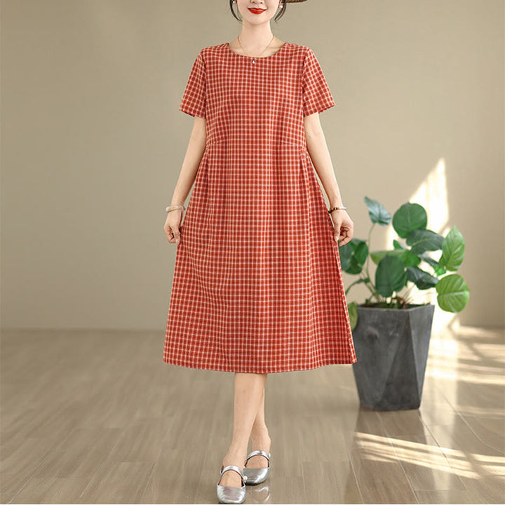 Buddha Stones Retro-Midikleid aus Baumwolle und Leinen mit einfarbigem Karomuster, Rundhalsausschnitt, kurzen Ärmeln und Taschen - Orangerot - US 8-10, UK/AU 12-14, EU 40-42 (2XL) - image 0