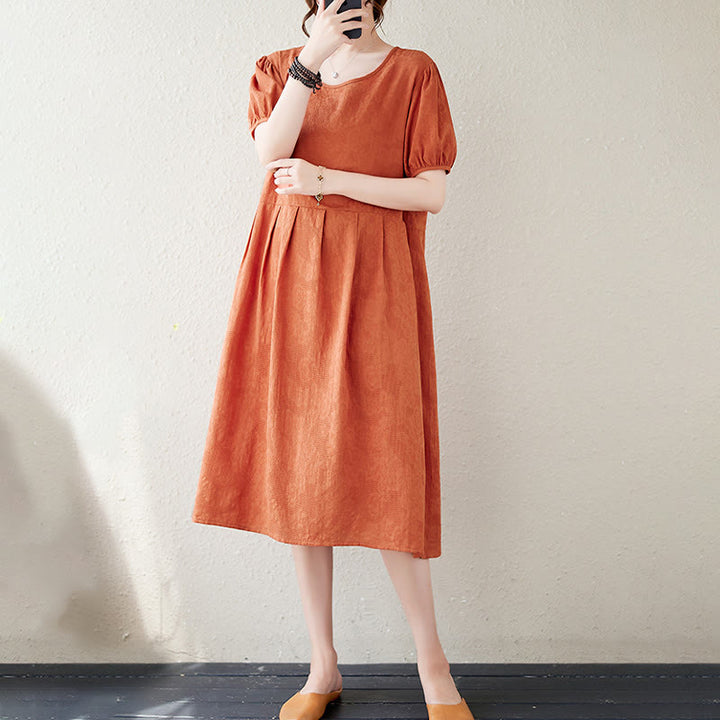 Buddha Stones – Lässiges, einfarbiges Jacquard-Midikleid aus Baumwolle und Leinen mit Rundhalsausschnitt und kurzen Puffärmeln