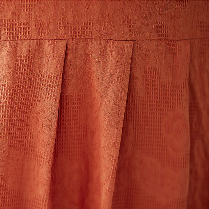 Buddha Stones – Lässiges, einfarbiges Jacquard-Midikleid aus Baumwolle und Leinen mit Rundhalsausschnitt und kurzen Puffärmeln