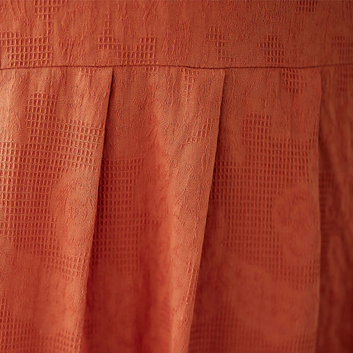 Buddha Stones – Lässiges, einfarbiges Jacquard-Midikleid aus Baumwolle und Leinen mit Rundhalsausschnitt und kurzen Puffärmeln