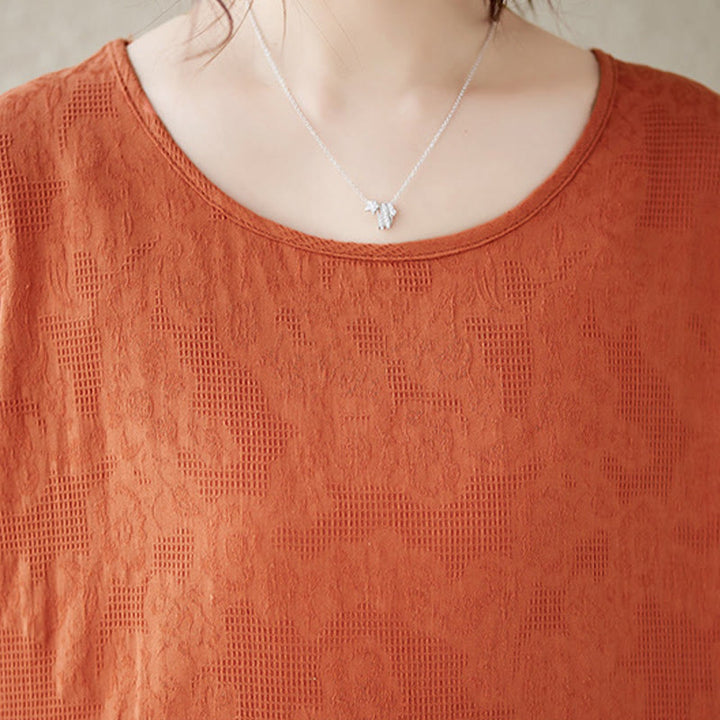Buddha Stones – Lässiges, einfarbiges Jacquard-Midikleid aus Baumwolle und Leinen mit Rundhalsausschnitt und kurzen Puffärmeln