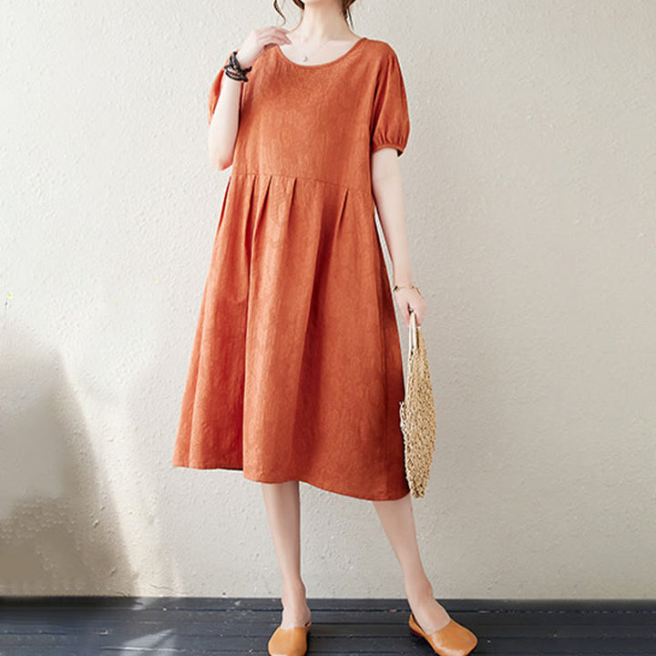 Buddha Stones – Lässiges, einfarbiges Jacquard-Midikleid aus Baumwolle und Leinen mit Rundhalsausschnitt und kurzen Puffärmeln