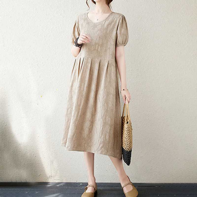 Buddha Stones – Lässiges, einfarbiges Jacquard-Midikleid aus Baumwolle und Leinen mit Rundhalsausschnitt und kurzen Puffärmeln