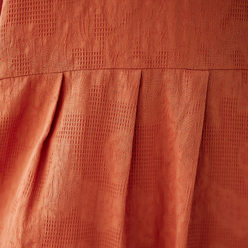 Buddha Stones – Lässiges, einfarbiges Jacquard-Midikleid aus Baumwolle und Leinen mit Rundhalsausschnitt und kurzen Puffärmeln