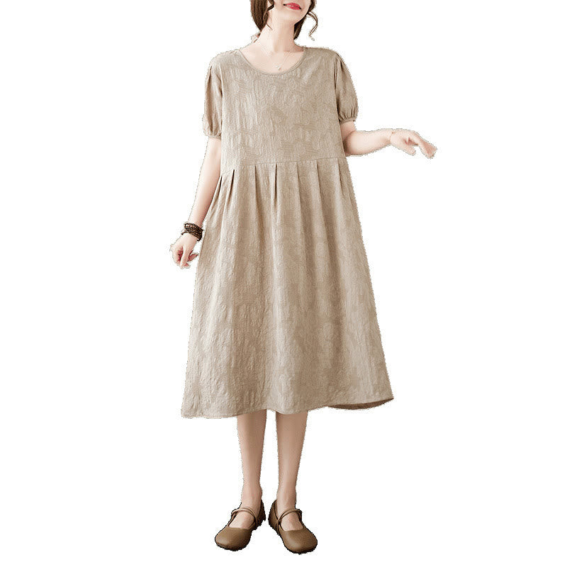 Buddha Stones – Lässiges, einfarbiges Jacquard-Midikleid aus Baumwolle und Leinen mit Rundhalsausschnitt und kurzen Puffärmeln
