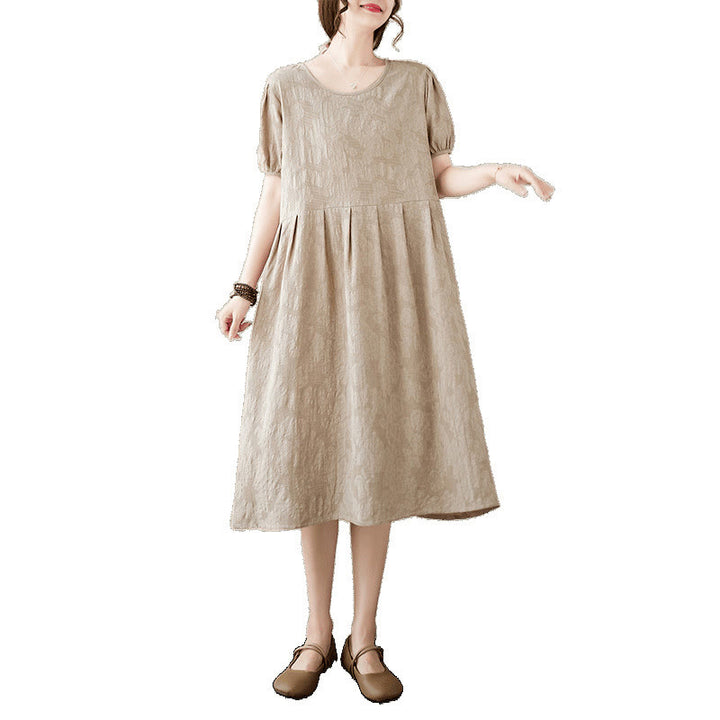 Buddha Stones – Lässiges, einfarbiges Jacquard-Midikleid aus Baumwolle und Leinen mit Rundhalsausschnitt und kurzen Puffärmeln
