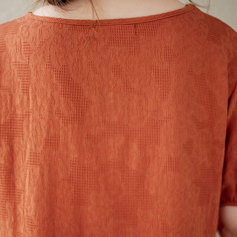 Buddha Stones – Lässiges, einfarbiges Jacquard-Midikleid aus Baumwolle und Leinen mit Rundhalsausschnitt und kurzen Puffärmeln