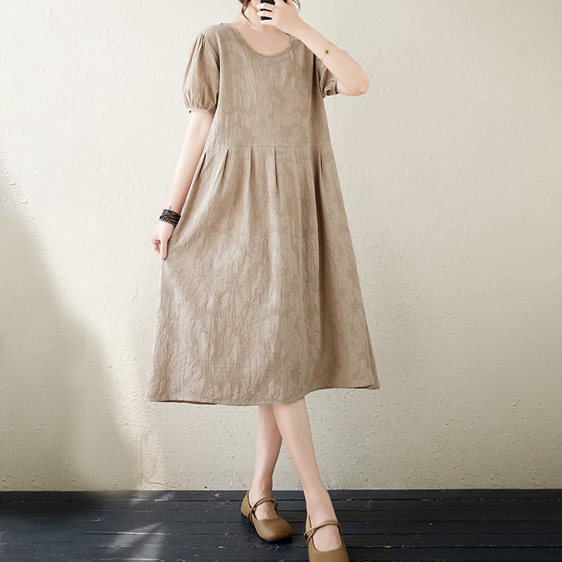 Buddha Stones – Lässiges, einfarbiges Jacquard-Midikleid aus Baumwolle und Leinen mit Rundhalsausschnitt und kurzen Puffärmeln