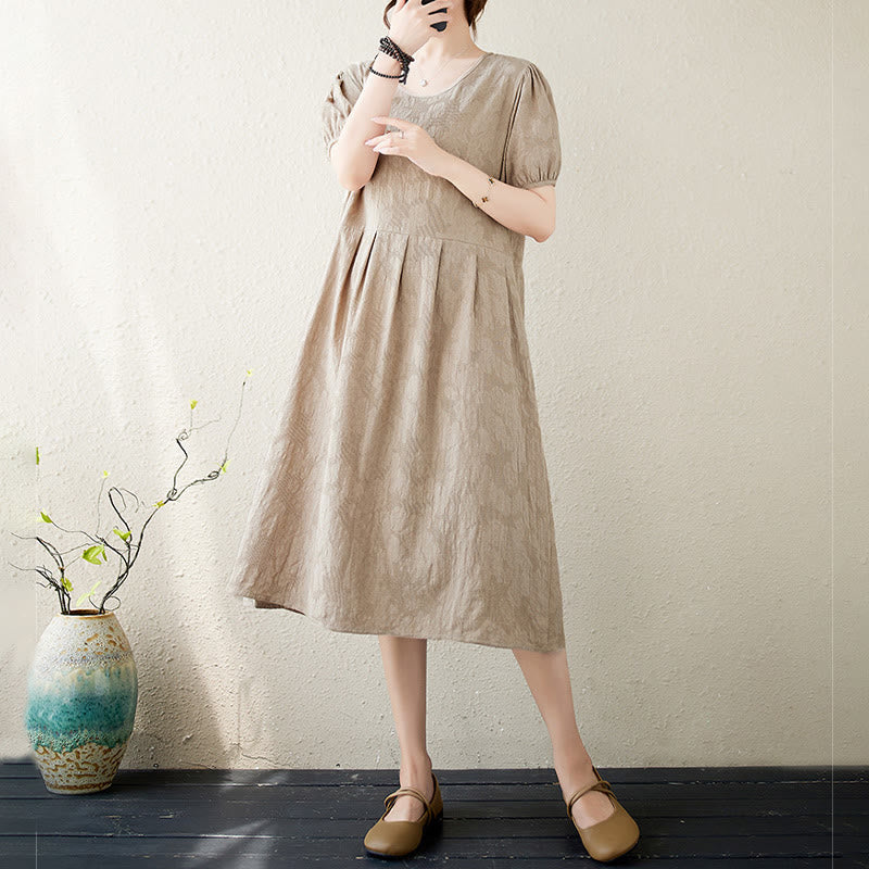 Buddha Stones – Lässiges, einfarbiges Jacquard-Midikleid aus Baumwolle und Leinen mit Rundhalsausschnitt und kurzen Puffärmeln