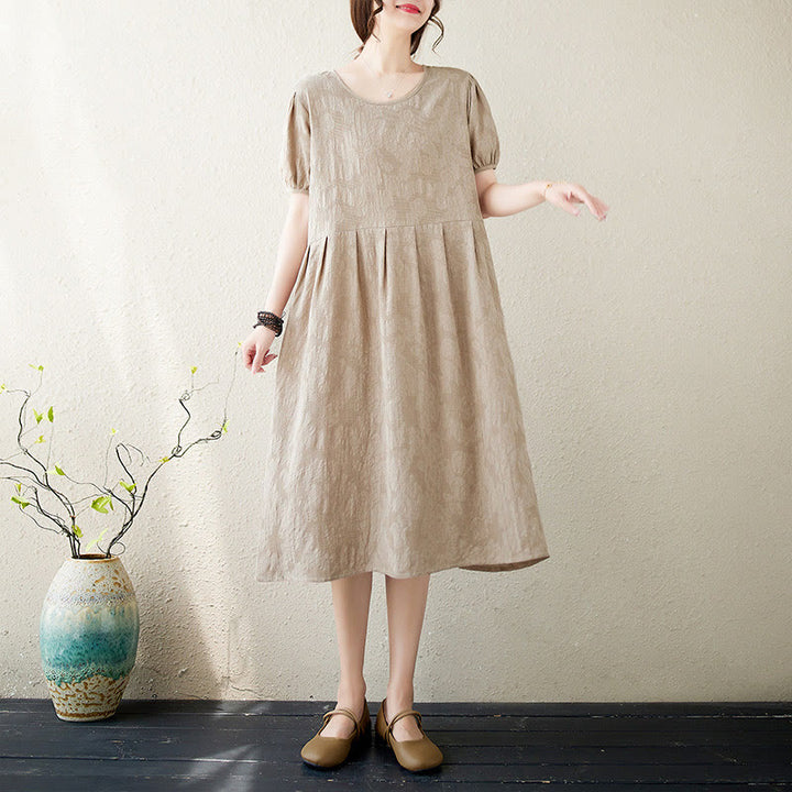 Buddha Stones – Lässiges, einfarbiges Jacquard-Midikleid aus Baumwolle und Leinen mit Rundhalsausschnitt und kurzen Puffärmeln