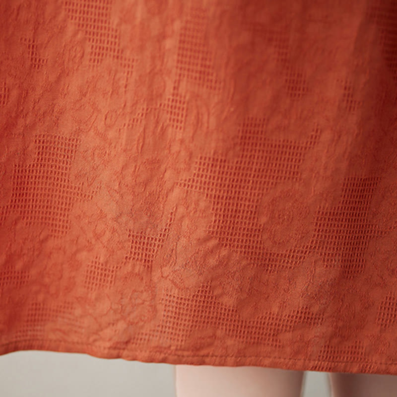 Buddha Stones – Lässiges, einfarbiges Jacquard-Midikleid aus Baumwolle und Leinen mit Rundhalsausschnitt und kurzen Puffärmeln