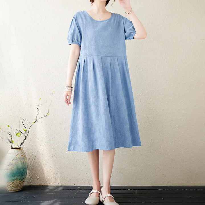 Buddha Stones – Lässiges, einfarbiges Jacquard-Midikleid aus Baumwolle und Leinen mit Rundhalsausschnitt und kurzen Puffärmeln