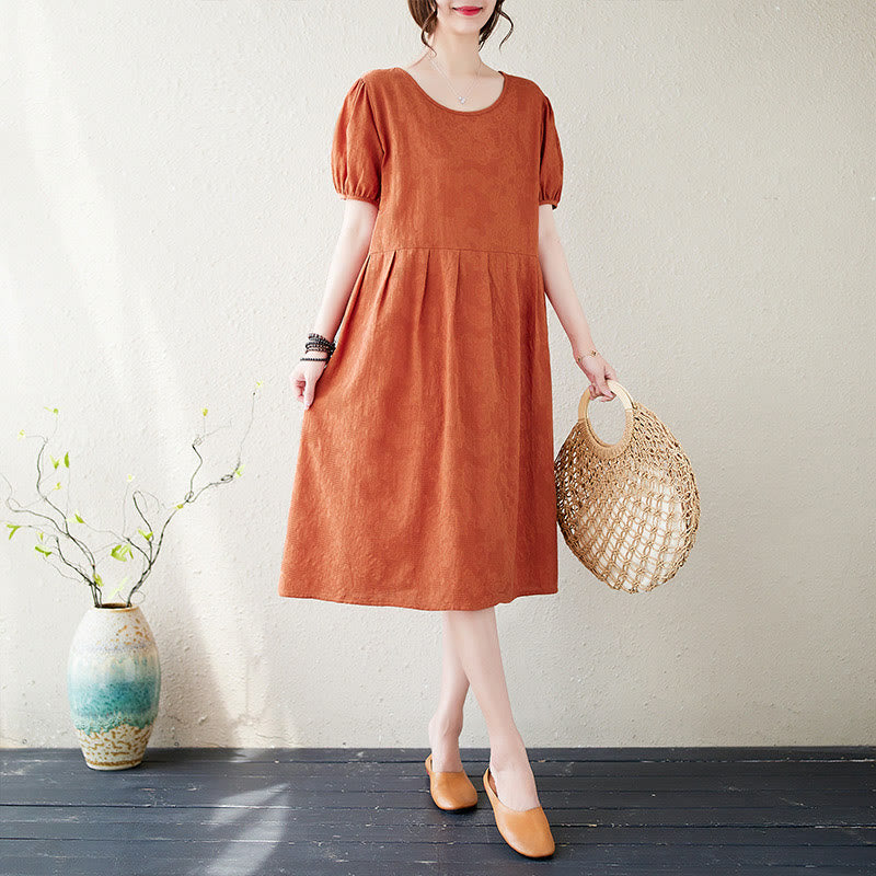 Buddha Stones – Lässiges, einfarbiges Jacquard-Midikleid aus Baumwolle und Leinen mit Rundhalsausschnitt und kurzen Puffärmeln - Orangerot - US8-10, UK/AU12-14, EU40-42 (2XL) - image 0