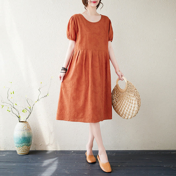 Buddha Stones – Lässiges, einfarbiges Jacquard-Midikleid aus Baumwolle und Leinen mit Rundhalsausschnitt und kurzen Puffärmeln - Orangerot - US8-10, UK/AU12-14, EU40-42 (2XL) - image 0