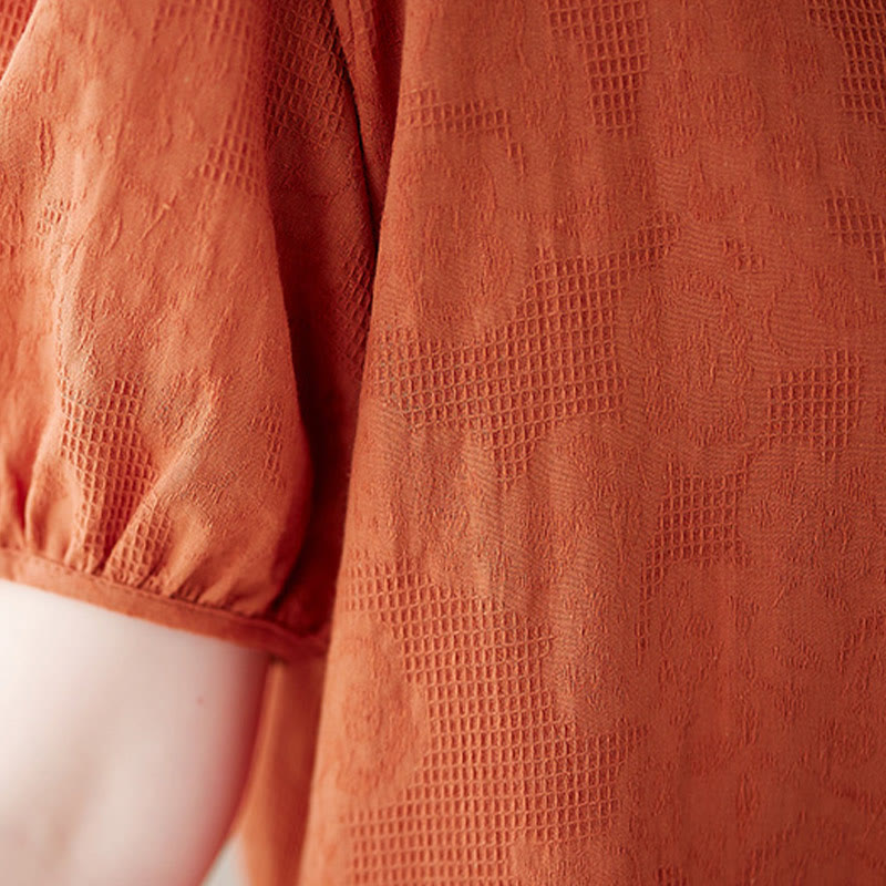Buddha Stones – Lässiges, einfarbiges Jacquard-Midikleid aus Baumwolle und Leinen mit Rundhalsausschnitt und kurzen Puffärmeln