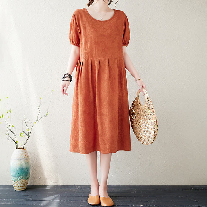 Buddha Stones – Lässiges, einfarbiges Jacquard-Midikleid aus Baumwolle und Leinen mit Rundhalsausschnitt und kurzen Puffärmeln