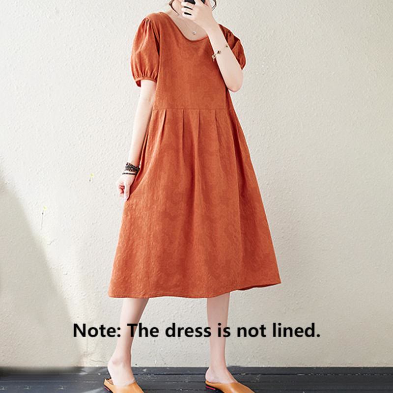 Buddha Stones – Lässiges, einfarbiges Jacquard-Midikleid aus Baumwolle und Leinen mit Rundhalsausschnitt und kurzen Puffärmeln