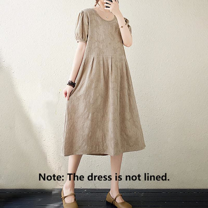 Buddha Stones – Lässiges, einfarbiges Jacquard-Midikleid aus Baumwolle und Leinen mit Rundhalsausschnitt und kurzen Puffärmeln