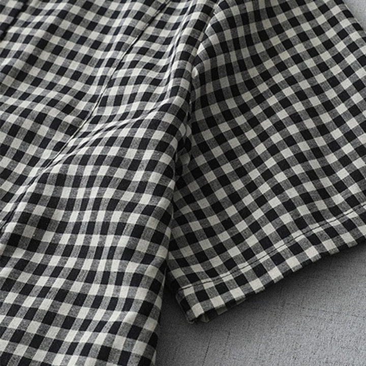 Buddha Stones Lässiges Midikleid aus Baumwolle mit Vintage-Karomuster, Revers und kurzen Ärmeln und Taschen - image 4