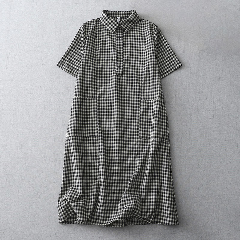 Buddha Stones Lässiges Midikleid aus Baumwolle mit Vintage-Karomuster, Revers und kurzen Ärmeln und Taschen - Schwarz - US 8-10, UK/AU 12-14, EU 40-42 (2XL) - image 0