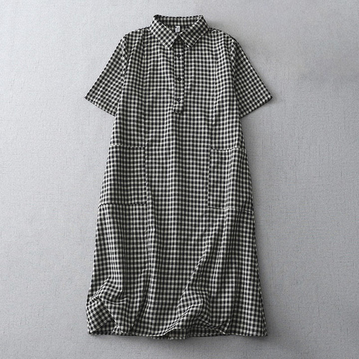 Buddha Stones Lässiges Midikleid aus Baumwolle mit Vintage-Karomuster, Revers und kurzen Ärmeln und Taschen - Schwarz - US 8-10, UK/AU 12-14, EU 40-42 (2XL) - image 0