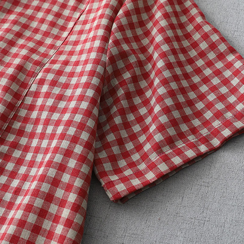 Buddha Stones Lässiges Midikleid aus Baumwolle mit Vintage-Karomuster, Revers und kurzen Ärmeln und Taschen - image 10